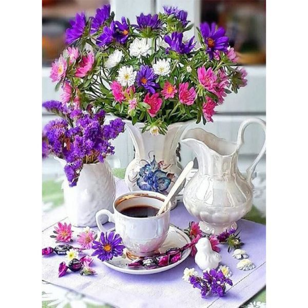 Алмазна мозаїка Strateg ПРЕМІУМ Квітковий чай без підрамника розміром 50х65 см (SGK86078) 9132 фото