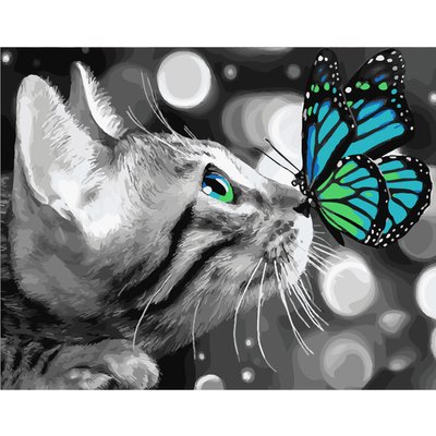 Картина за номерами Strateg ПРЕМІУМ Кошеня з метеликом з лаком розміром 40х50 см SY6186 3290 фото